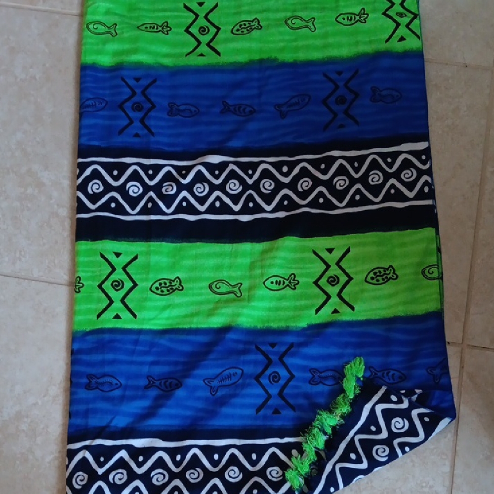 Multi Colored Huge Scarf Green & Blue Patterned With Fish And The Sea.Like New!